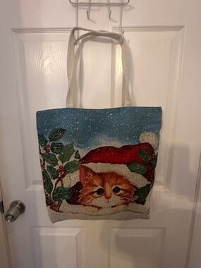 Red Santa Cat Canvas Tote Bag - Unbranded